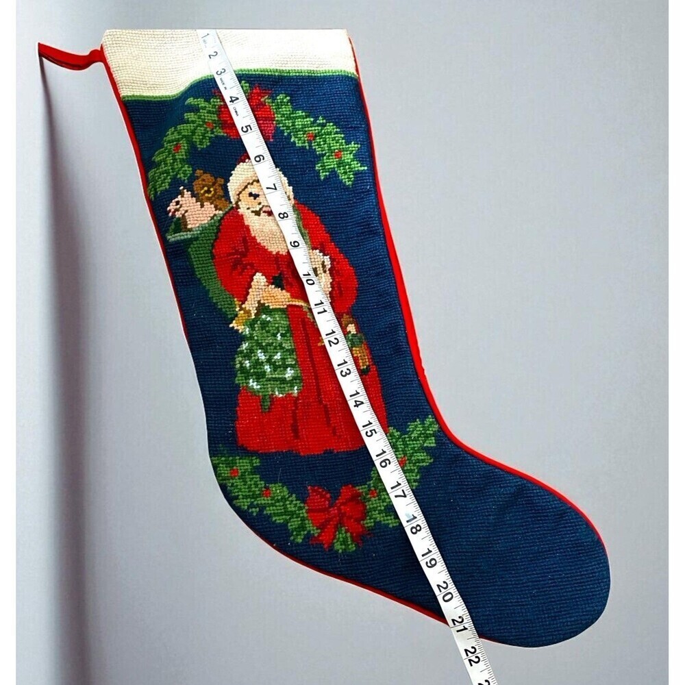 Needlepoint Santa and Teddy Bear Large Christmas Stocking Toys Tree Bow Vintage - Picture 5 of 7